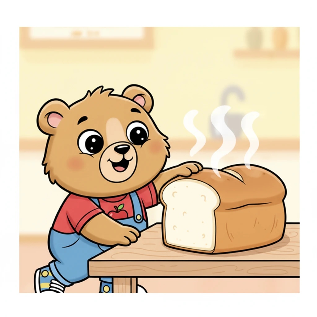 Y justo al lado, hay un trozo de pan blandito, suave y esponjoso, listo para ser comido. Osito lo toca con su pata, sintiendo su textura suave y reconfortante. El pan es blanco y calentito, un bocado perfecto.