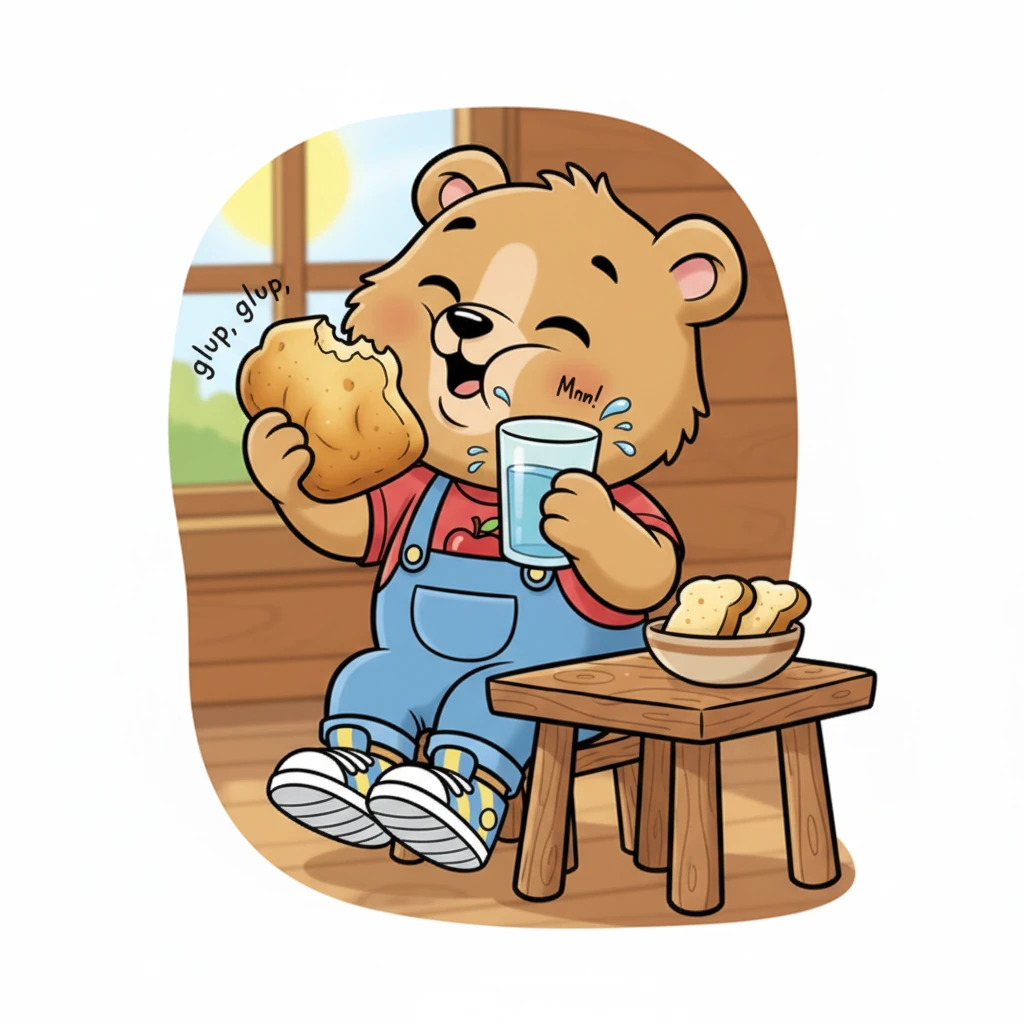 "¡Mmm!", murmura Osito, tomando un trozo de pan y masticándolo despacio, disfrutando su suavidad. Después de cada bocado, toma un sorbito de agua fresca, "¡Glup, glup!", para ayudar a que todo baje. Qué bien se siente comer así.