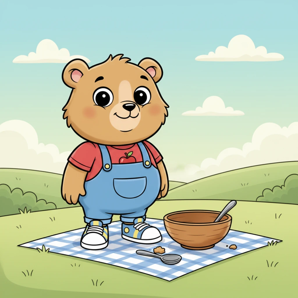 Finalmente, Osito ha terminado toda su comida. Su barriguita está llena y redonda, y una gran sonrisa de satisfacción se dibuja en su cara. "¡Gracias, comida!", dice Osito con voz suave y agradecida, sintiéndose muy contento.