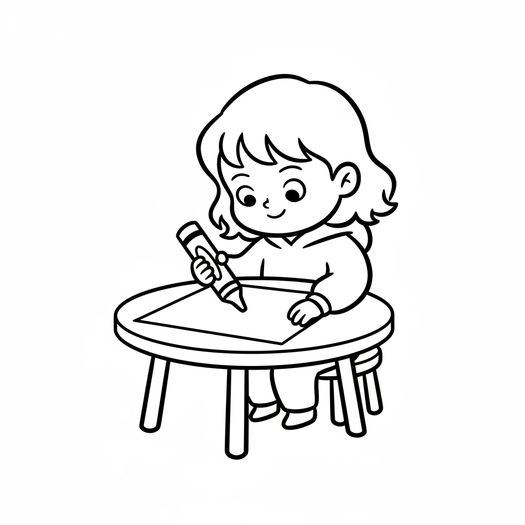 Lily sits at a small table, her round head bent over a large sheet of white paper. A big, simple crayon is clutched in her hand. She has a happy, concentrated expression as she draws.