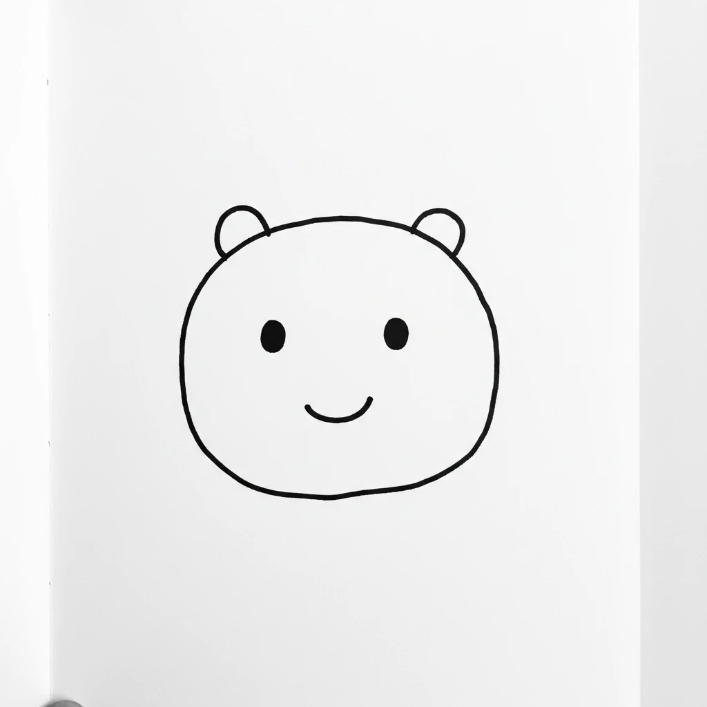 Close up on Lily's paper, where a freshly drawn, very simple creature sits. It has a round body, two little ears, two simple dots for eyes, and a small curved line for a smile, all made with bold black lines.