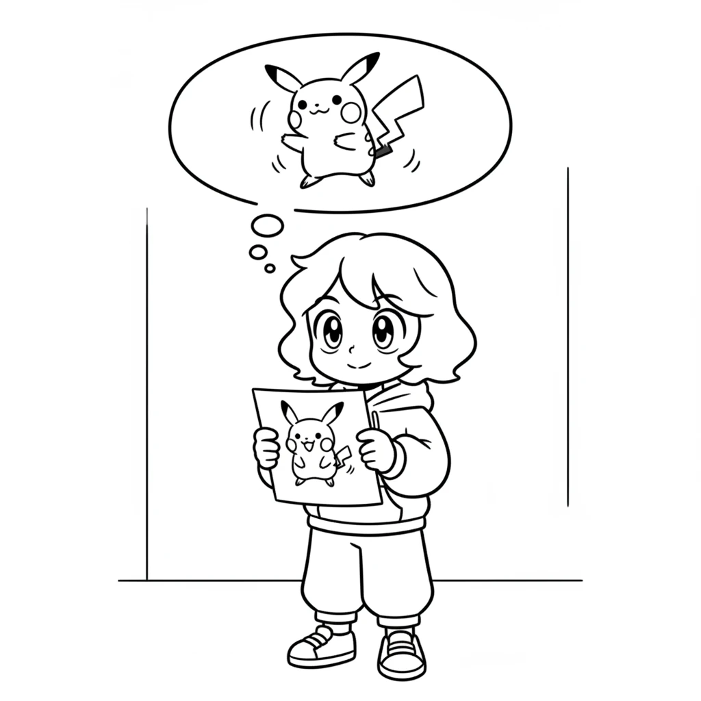 Lily holds up her drawing, her eyes wide with a hopeful wish. She looks at the cute creature she drew, imagining it could move and play with her. A single thought bubble above her head shows a simple outline of the creature wiggling.