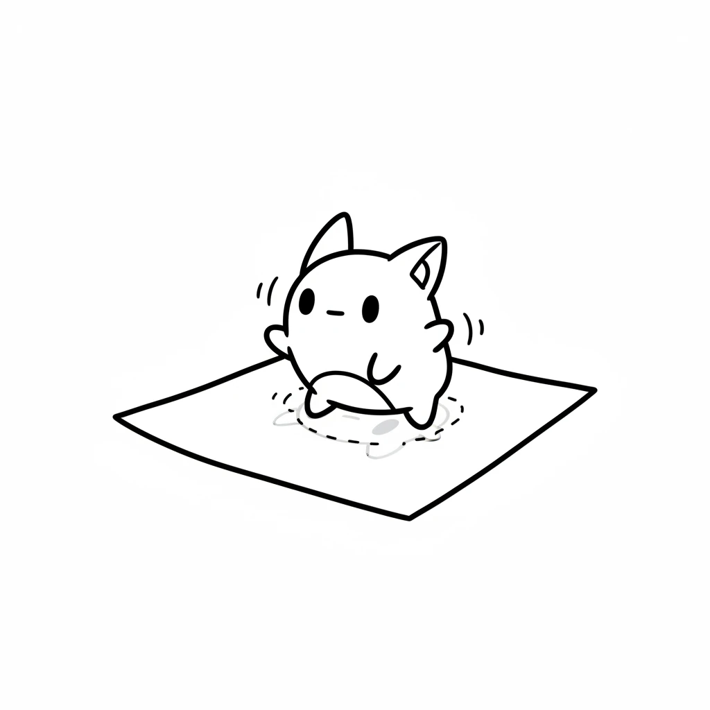The little line-drawn creature on the paper wiggles! Its simple ears twitch, and its dot eyes blink. It looks like the drawing is trying to lift itself off the page, leaving a faint shadow of its outline behind.