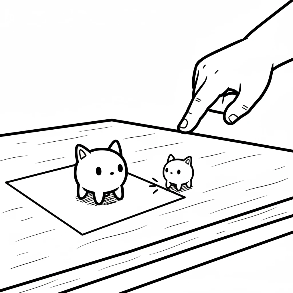 With a gentle pop, the tiny, line-drawn Doodlemon steps off the paper onto the table. It is exactly like Lily's drawing, a pure black outline against the white surface. It looks around curiously with its simple dot eyes.