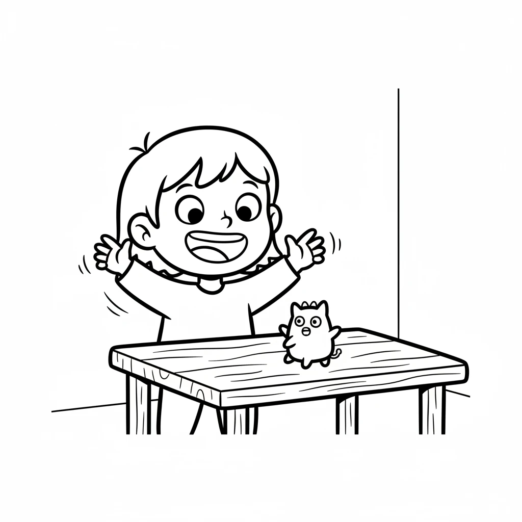 Lily's eyes are wide with wonder and a huge, joyful smile spreads across her face. Her hands are up in excitement, gesturing towards the little creature on the table. She can't believe her drawing has come to life.