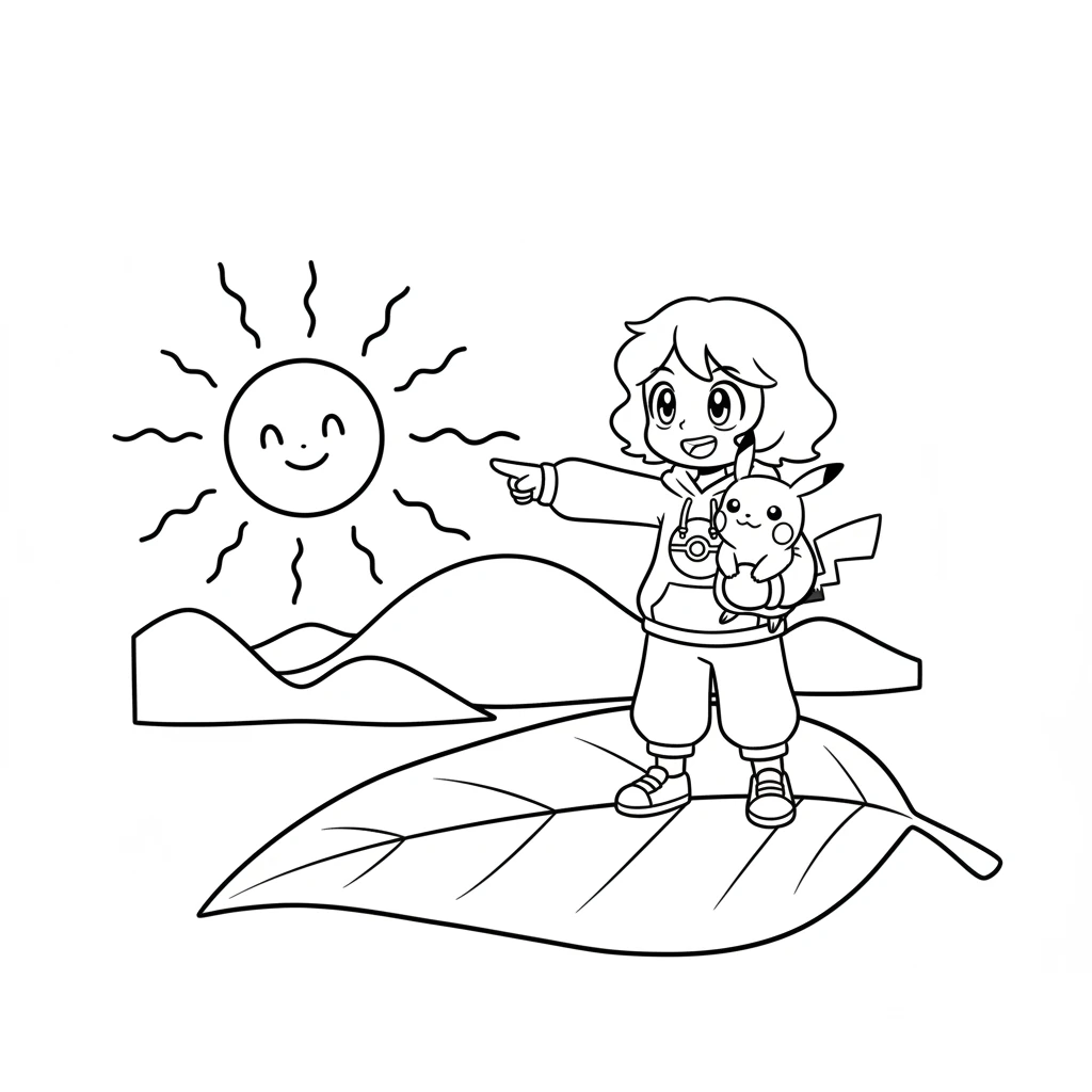 Lily and the Doodlemon stand on a giant, simple leaf, looking out at an imagined world of rounded hills and a big, friendly sun. The world is drawn with the same bold, minimal lines, hinting at a vast adventure.