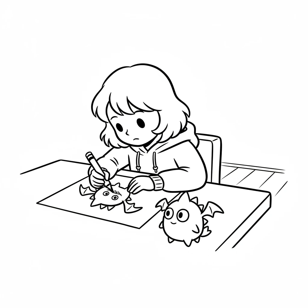 Lily is back at her table, drawing another creature. This one has a different shape, maybe a bit spikier or with wings, but still very simple. The first Doodlemon watches with interest from beside her.