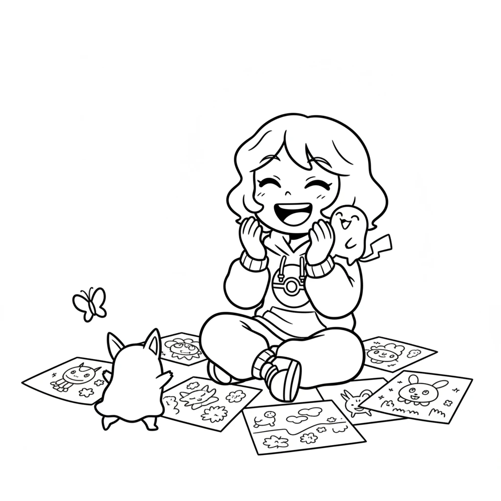 Now two line-drawn Doodlemon friends are playing with Lily. One is chasing a simple butterfly, and the other is sitting happily on Lily's shoulder. Lily is laughing, surrounded by her many imaginative drawings scattered on the floor.