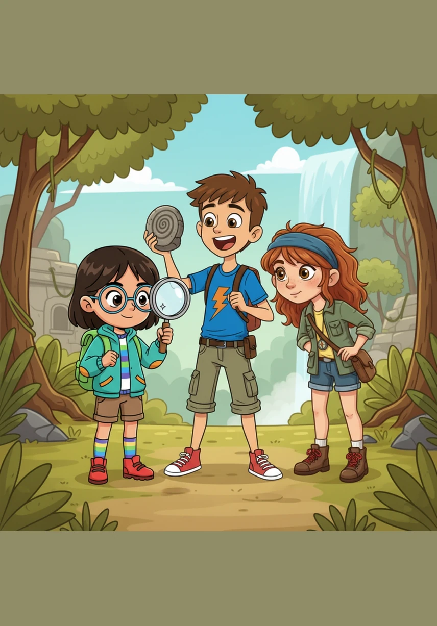 Arda birden durdu ve yerdeki sarmal şekilli, çok sert ve farklı görünen bir taşı havaya kaldırdı. "Bakın çocuklar, bu taşın üzerinde çok garip bir desen var!" diye heyecanla bağırdı. Lara ve Asel merakla Arda'nın yanına gelerek bu gizemli taşı incelemeye başladılar.