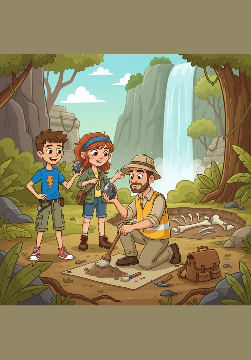 Çocuklar vadinin ilerisinde sarı yelekli ve şapkalı birinin yerdeki toprakları küçük bir fırçayla titizlikle temizlediğini gördüler. Bu kişi, bölgedeki kazı alanında çalışan Paleontolog Can Bey'di. Hemen yanına gidip buldukları bu ilginç taşı ona göstermeye karar verdiler.