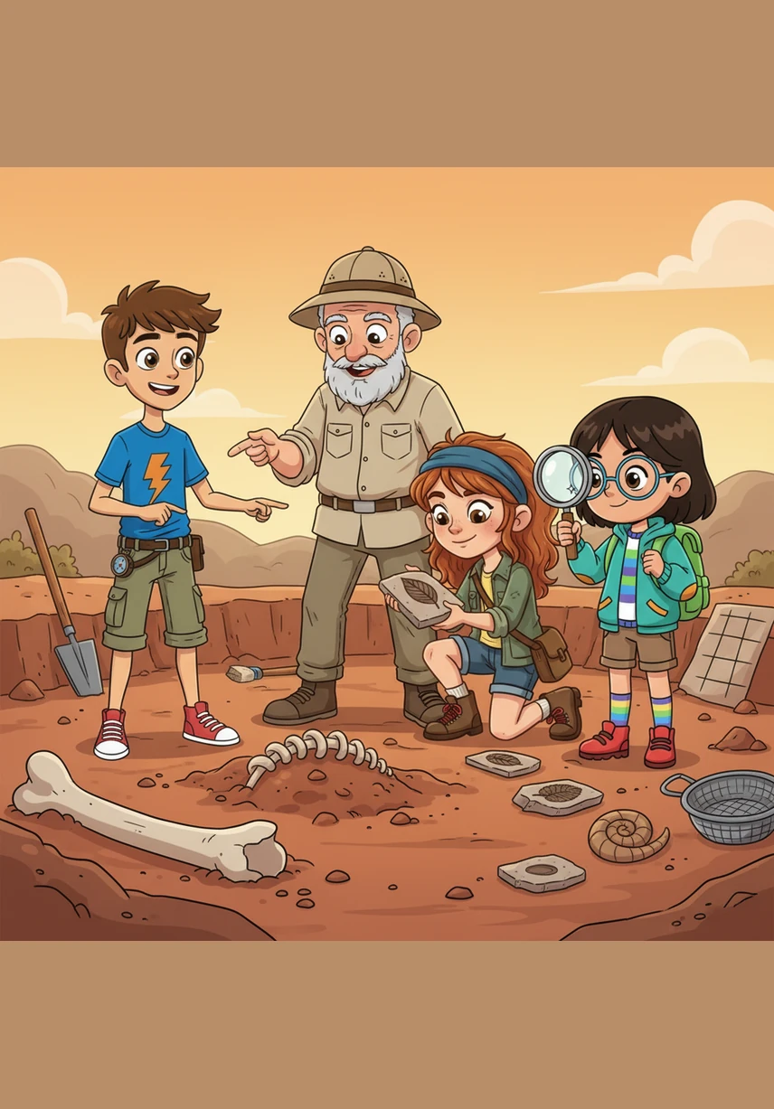 Paleontolog, çocukları kazı alanına davet ederek onlara diğer buluntuları da gösterdi. Toprağın arasından çıkan dev bir kemik parçasını ve taşa basılmış ince bir yaprak izi çocukları büyüledi. Her bir fosil, dünyanın eski zamanlarından kalma gizemli birer ipucuydu.