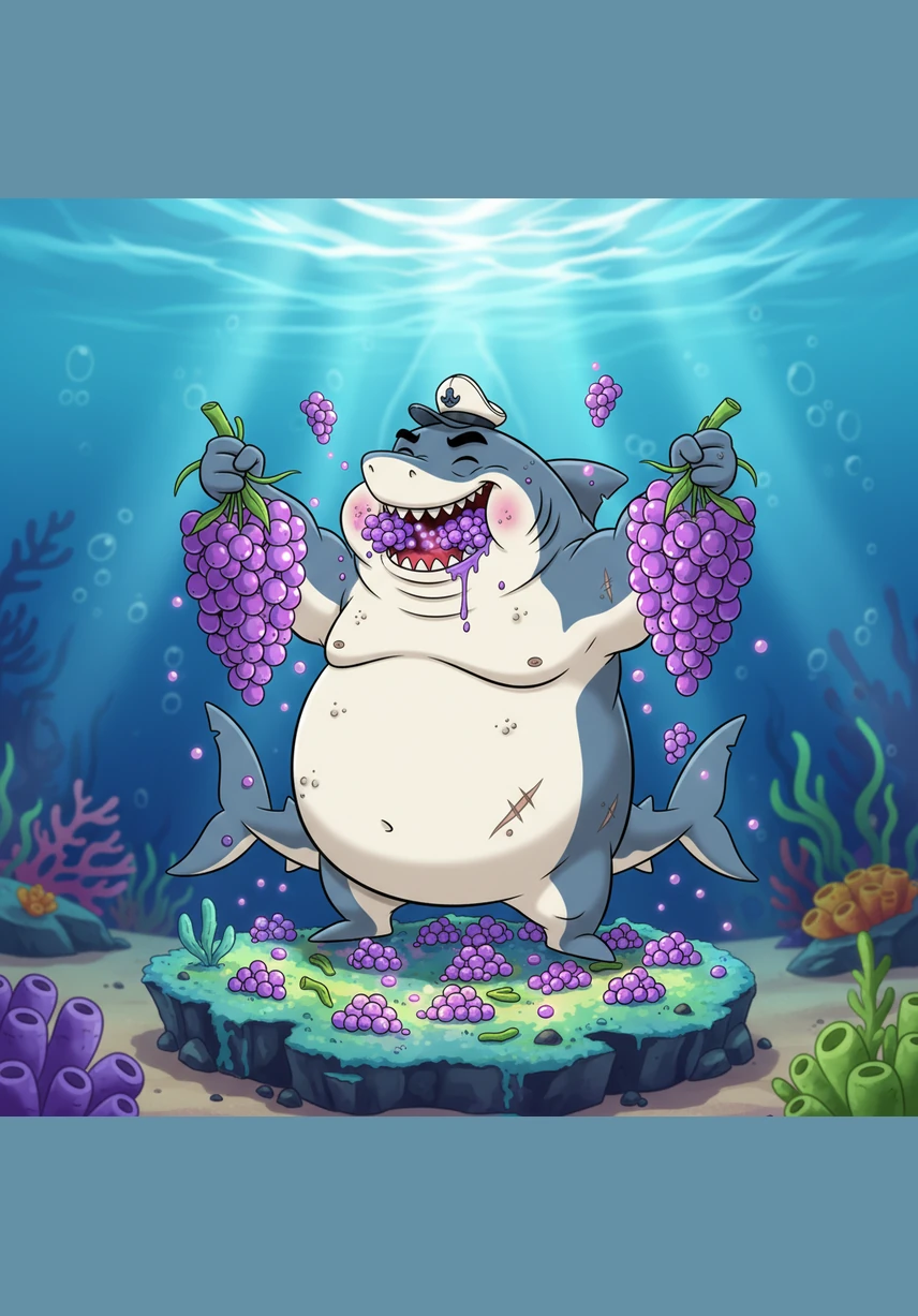 Barnaby was a Great White shark with a heart as big as the ocean and a stomach that was always ready for a snack. One sunny afternoon, he discovered a patch of rare, glowing sea-grapes and decided to eat every single one of them.