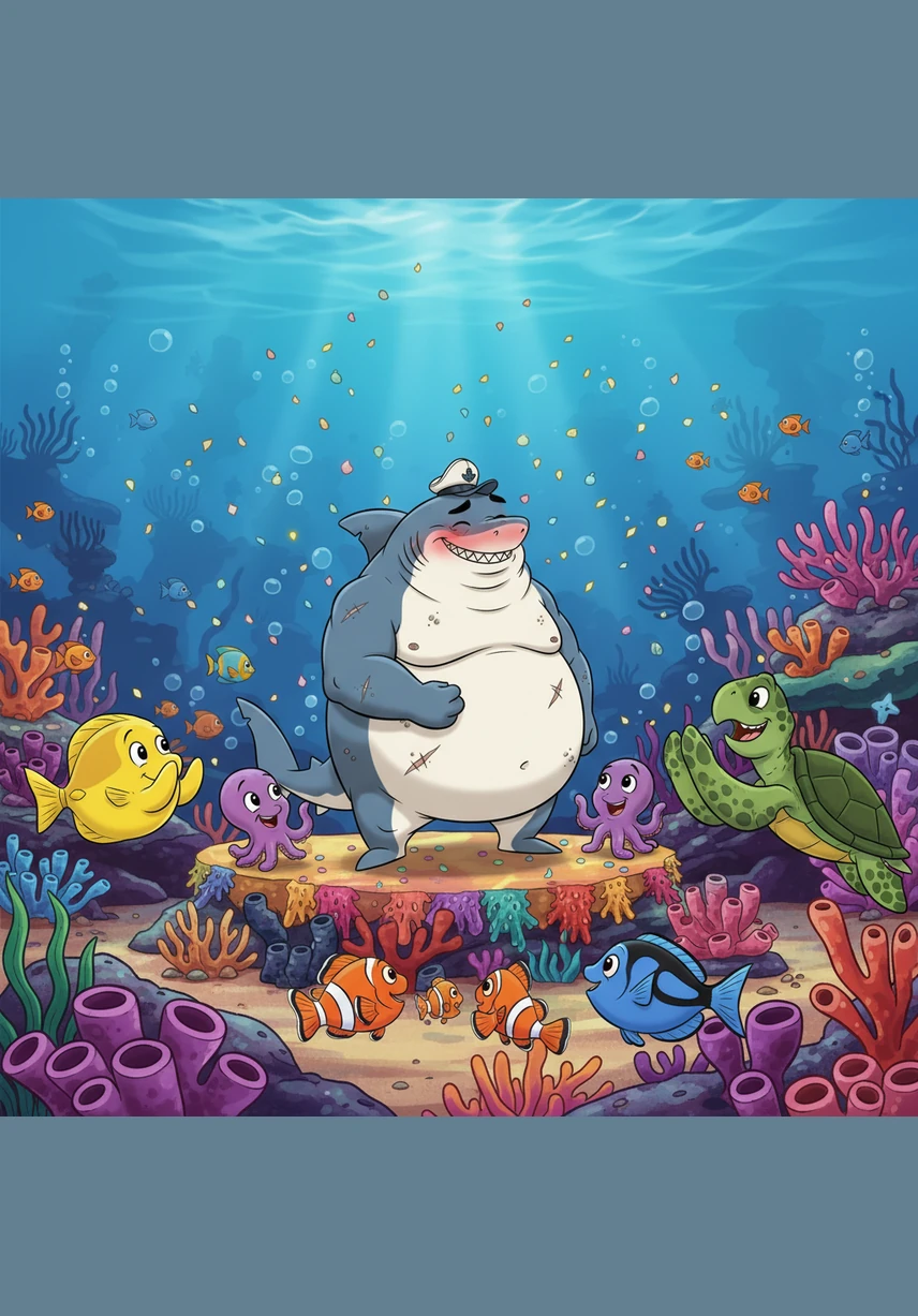 The reef animals cheered and clapped their fins, thinking it was a planned special effect for the concert. Barnaby felt his face turn red with shyness, but when he saw the smiles on his friends' faces, his embarrassment melted away.