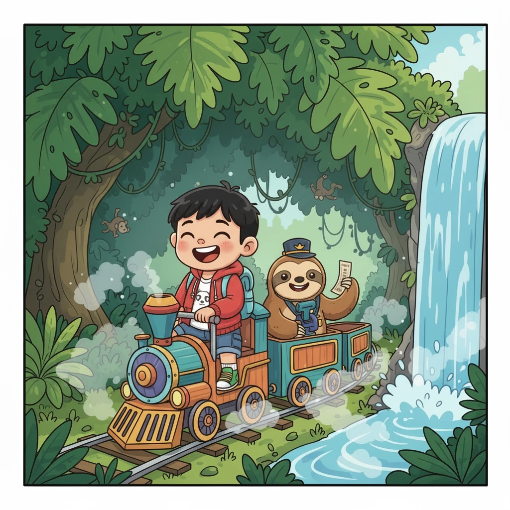 乐乐乘坐着迷你火车穿越雨林区，巨大的植物和瀑布从天而降，水雾弥漫。一只树懒车长慢悠悠地检票，让乐乐忍不住笑出了声。