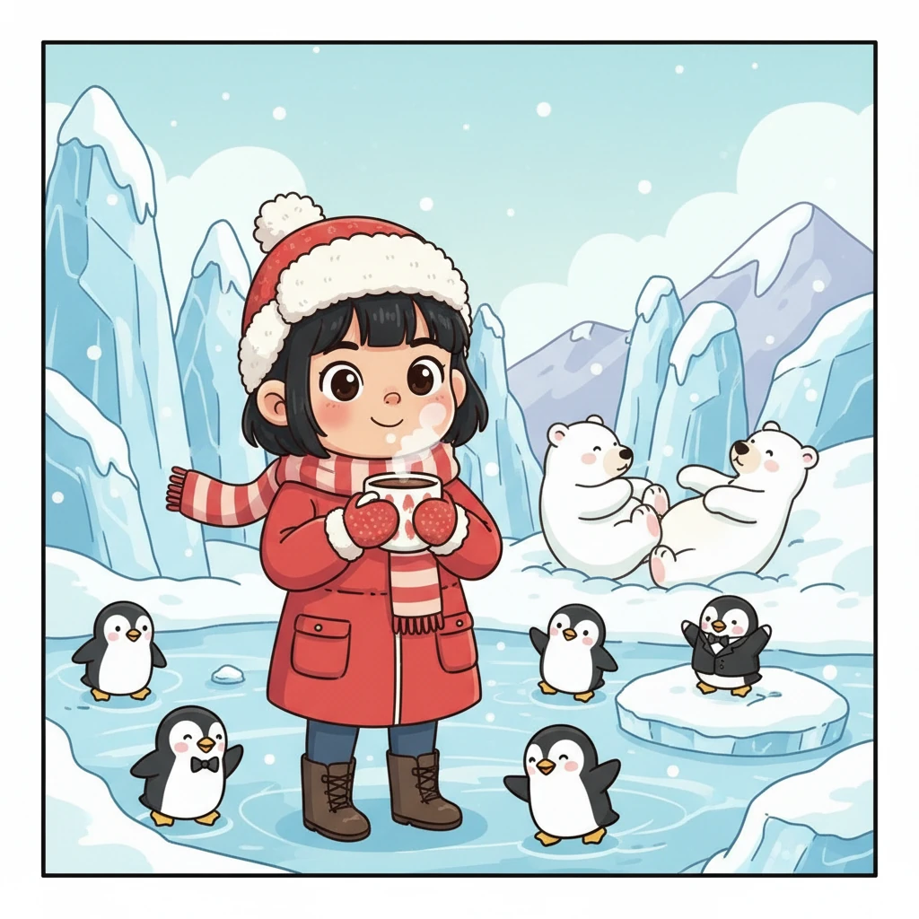 她来到冰川镇，这里一片银装素裹，企鹅们穿着小西装在冰面上滑行，北极熊们在雪地里玩耍。乐乐穿着厚厚的冬装，手里捧着一杯热可可，感受着冰爽又温暖的奇妙体验。