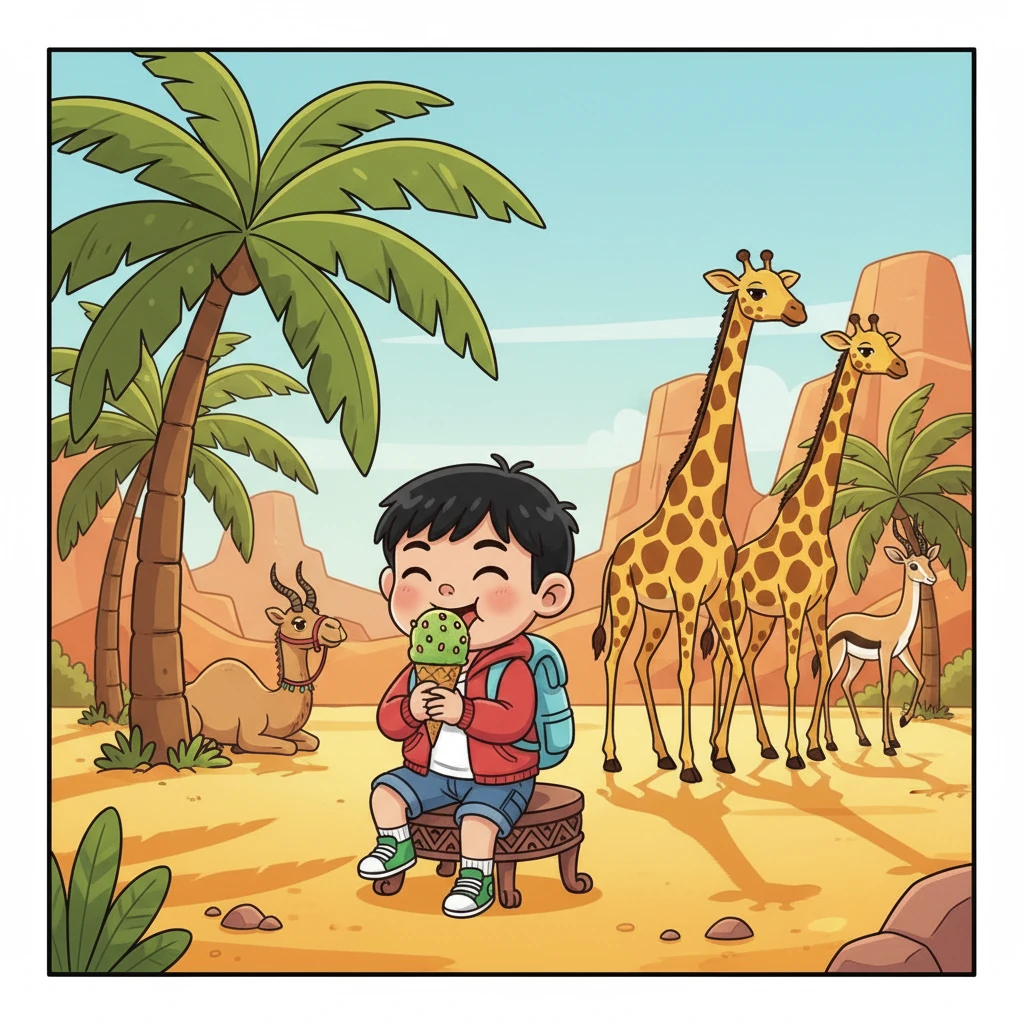 在撒哈拉广场，金色的阳光洒满沙漠，骆驼和羚羊在棕榈树下乘凉。乐乐品尝着美味的仙人掌冰淇淋，看着长颈鹿们优雅地行走，感觉自己也融入了这片异域风情。