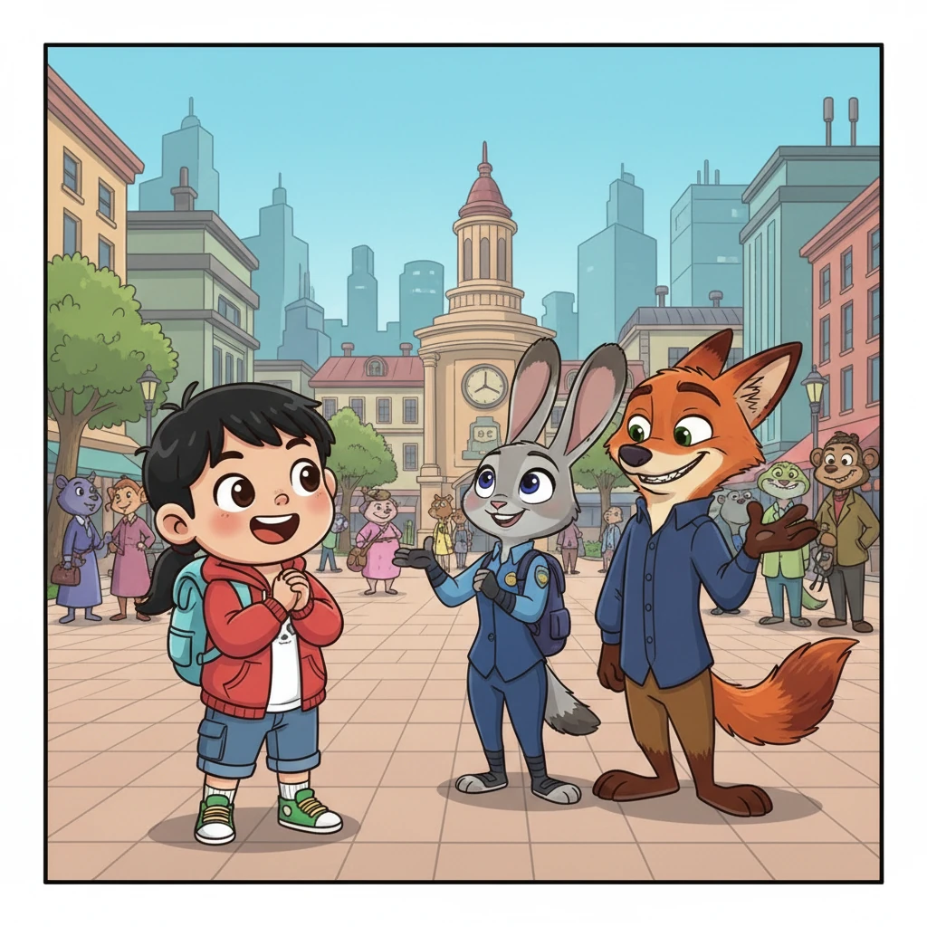 乐乐在市中心广场偶遇了朱迪警官和尼克狐。朱迪警官微笑着和她打招呼，尼克狐则调皮地眨了眨眼，这让她激动不已，感觉自己也成了动物城的一份子。