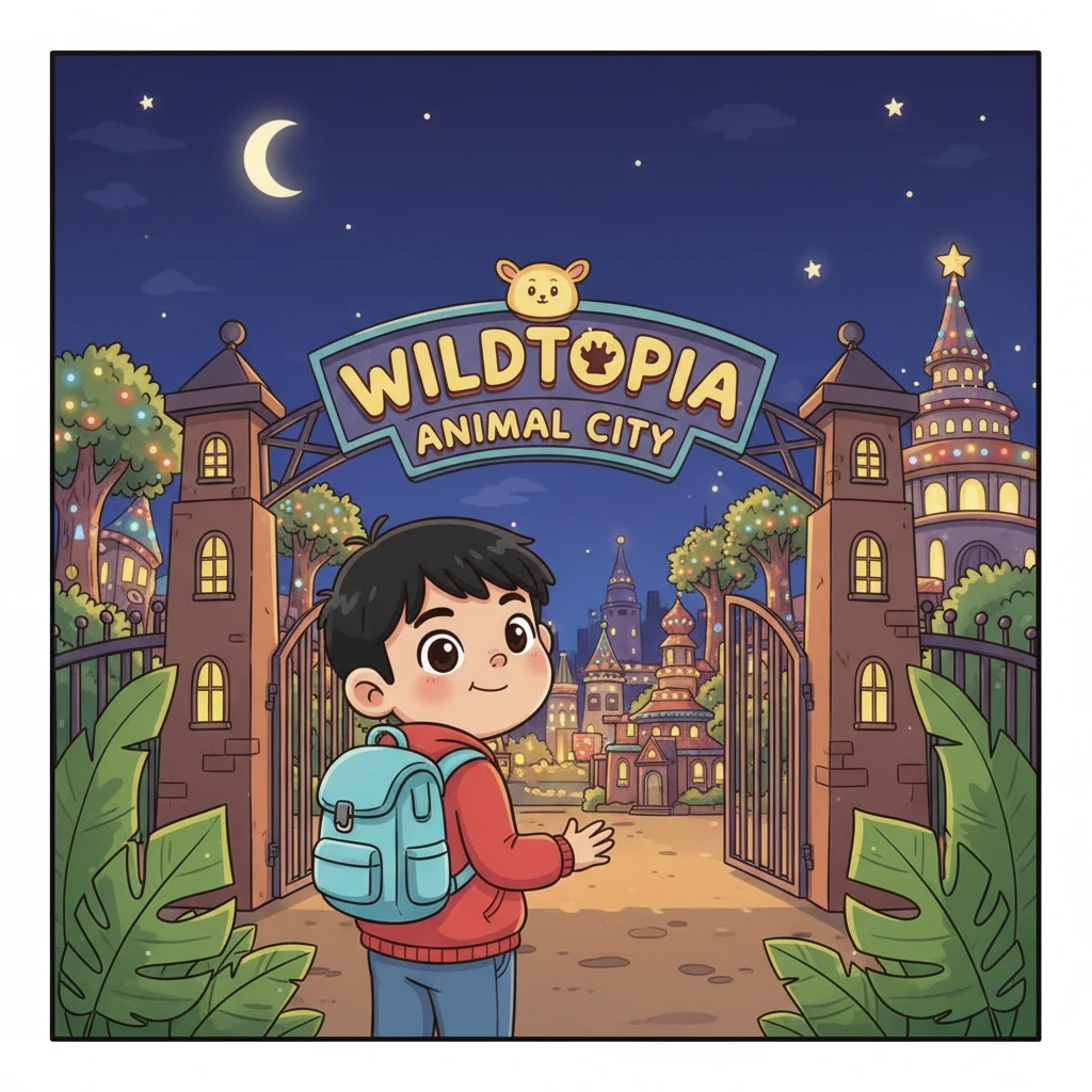 夜幕降临，乐乐依依不舍地走出疯狂动物城。城市的灯光璀璨，她回味着一天的奇妙冒险，心里充满了快乐和对下次再来的期待。