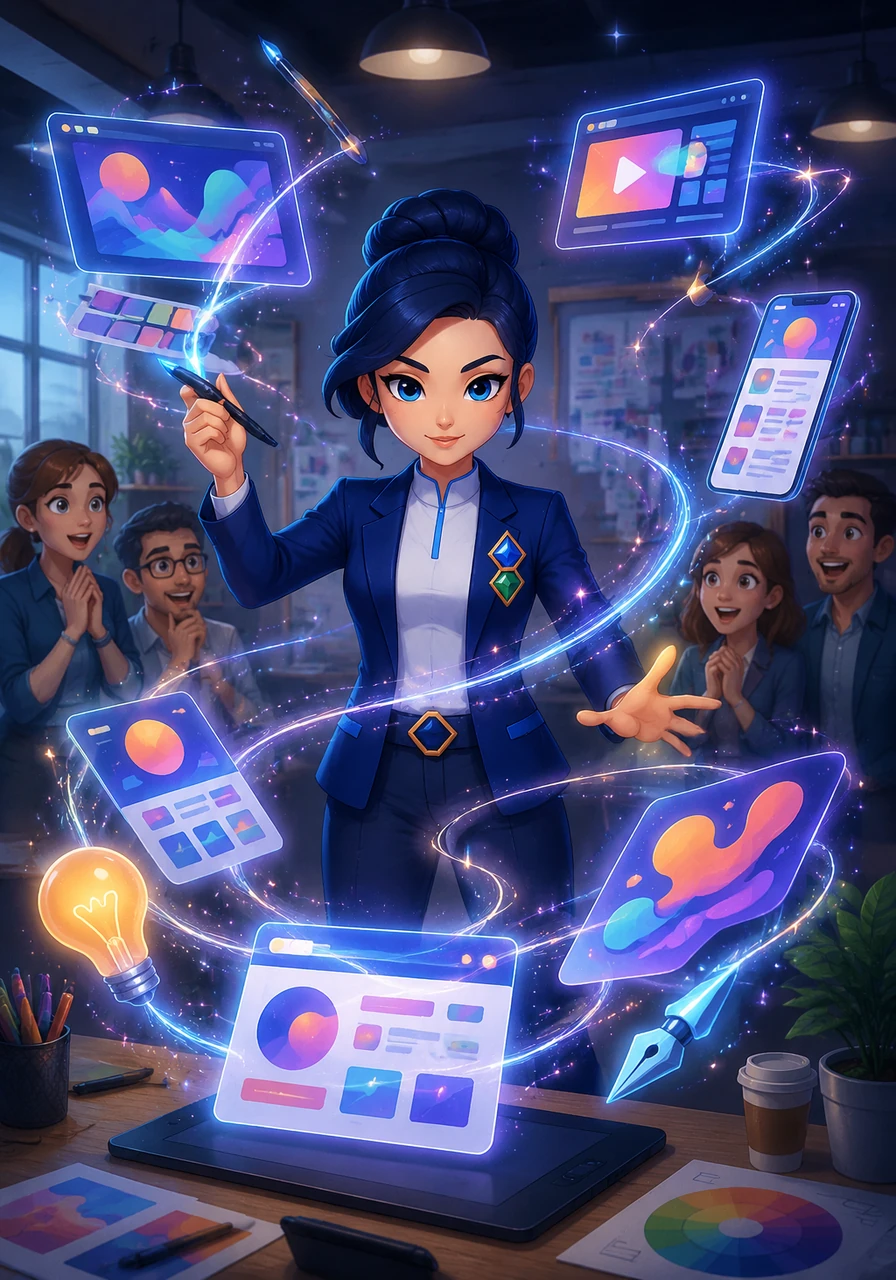 As Nova breathed life into her designs, code began to weave through the artwork like shimmering threads of silver light. Software development and creative marketing fused together, transforming abstract concepts into living, functional tools.
