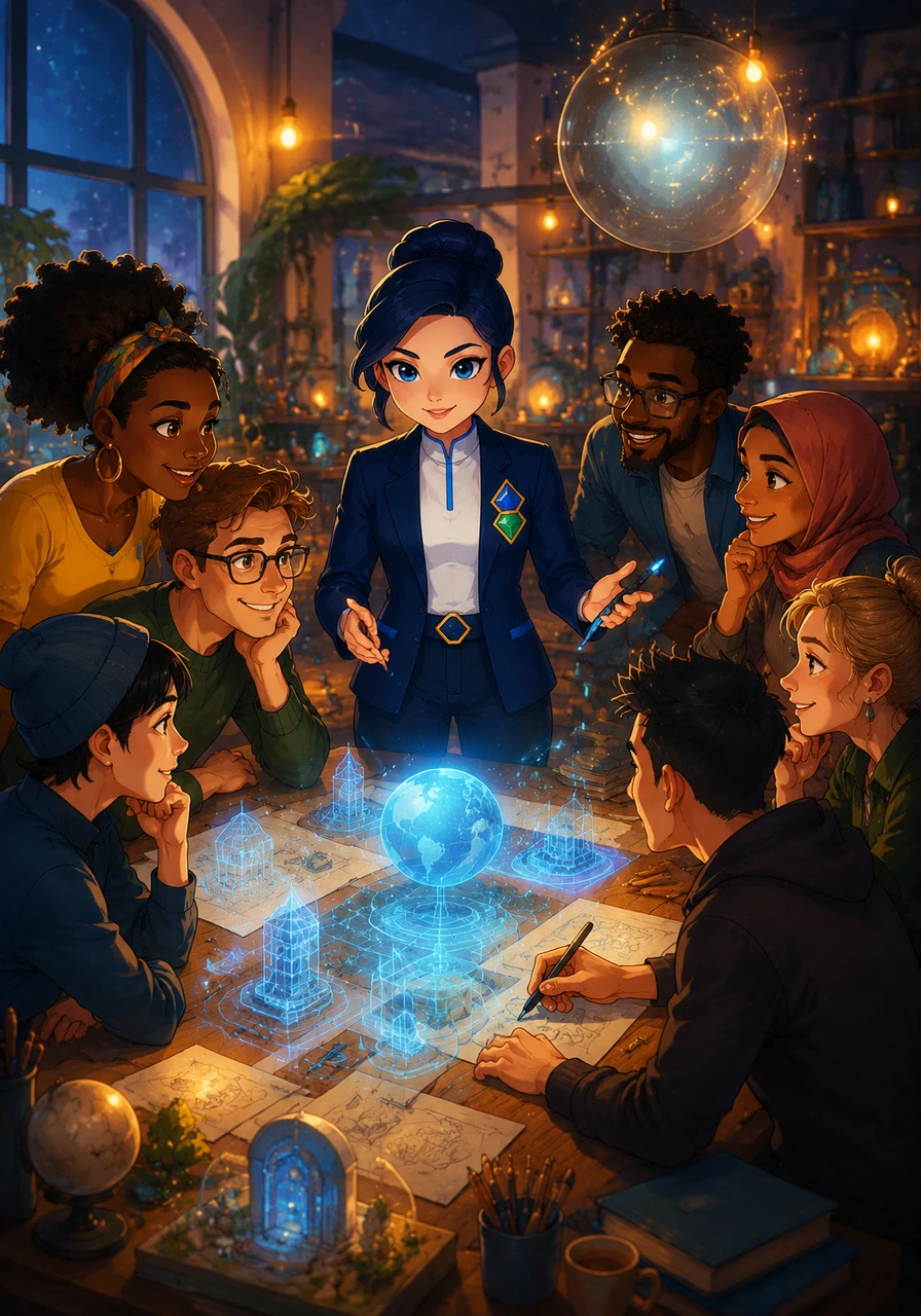 Word of Nova's unique talent spread across continents, attracting a diverse group of thinkers, builders, and dreamers. Together, they gathered around her glowing workshop, eager to help build a universal agency that spoke every language of design.