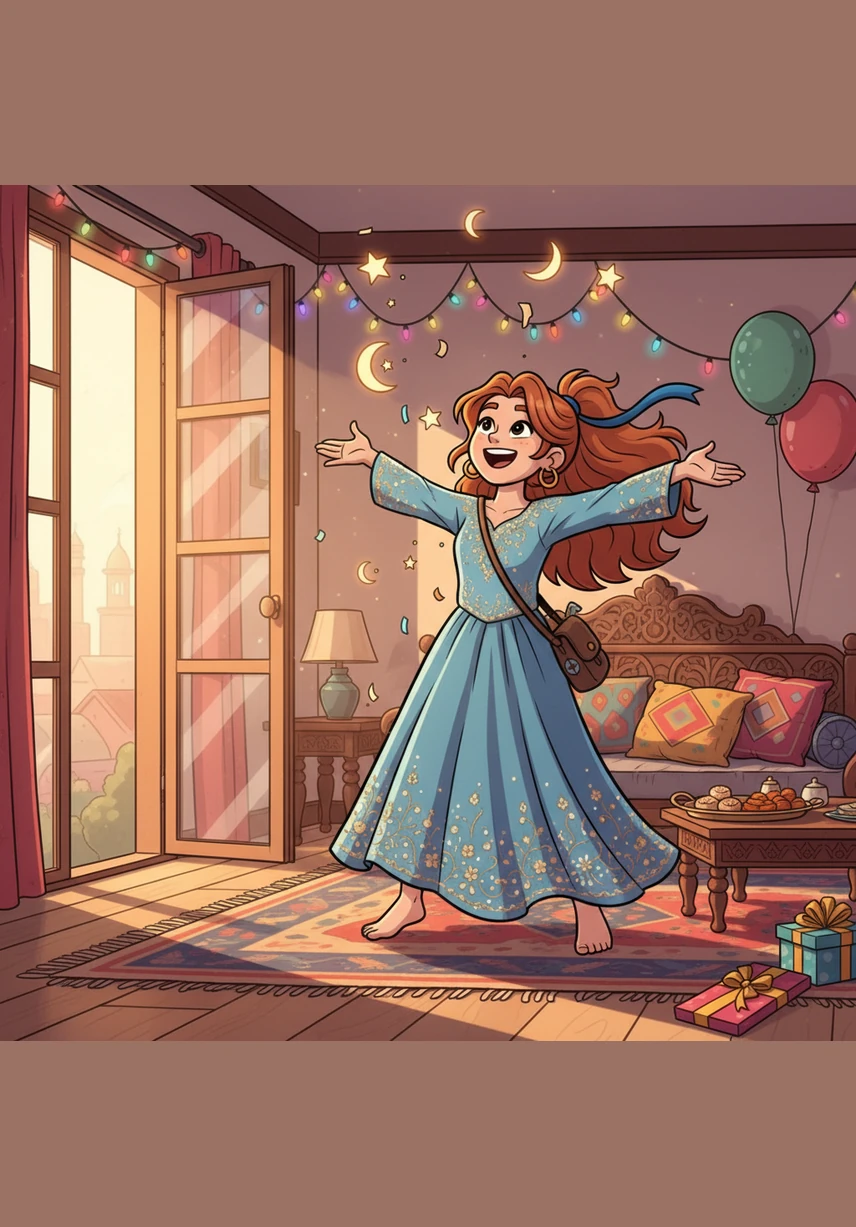 Lina stands in front of her mirror, wearing a beautiful new green dress for Eid. Her light brown hair is tied back, and her big blue eyes sparkle as she practices a perfect handstand to celebrate the morning.