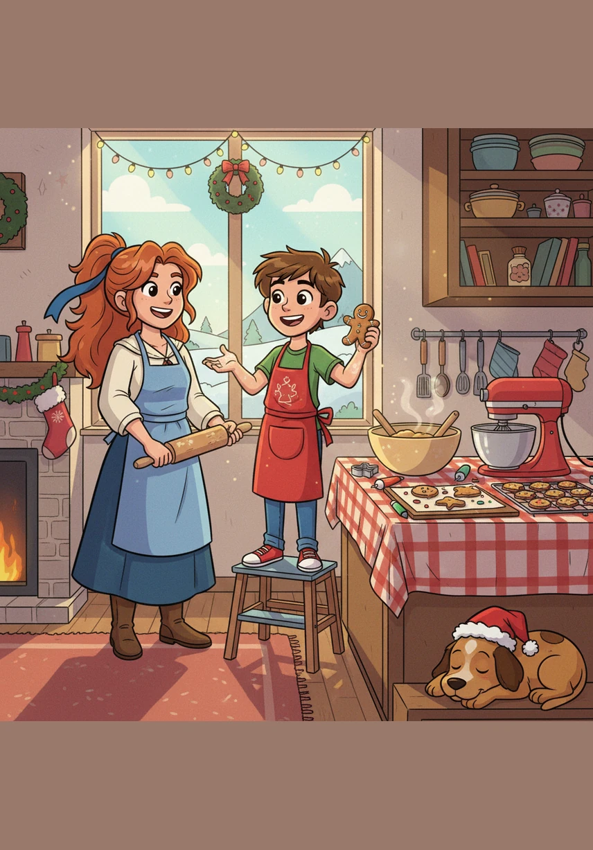 In the kitchen, the house smells like sweet honey and warm bread. Lina does a happy cartwheel across the floor while her mother prepares delicious treats for the big Eid party.