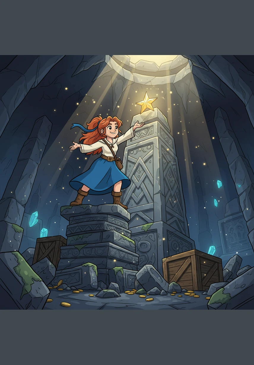 Lina needs a golden star from the very top of a tall bookshelf. She uses her gymnastics balance to stand on her tiptoes and reach high up, wobbling just a little bit like a funny penguin.