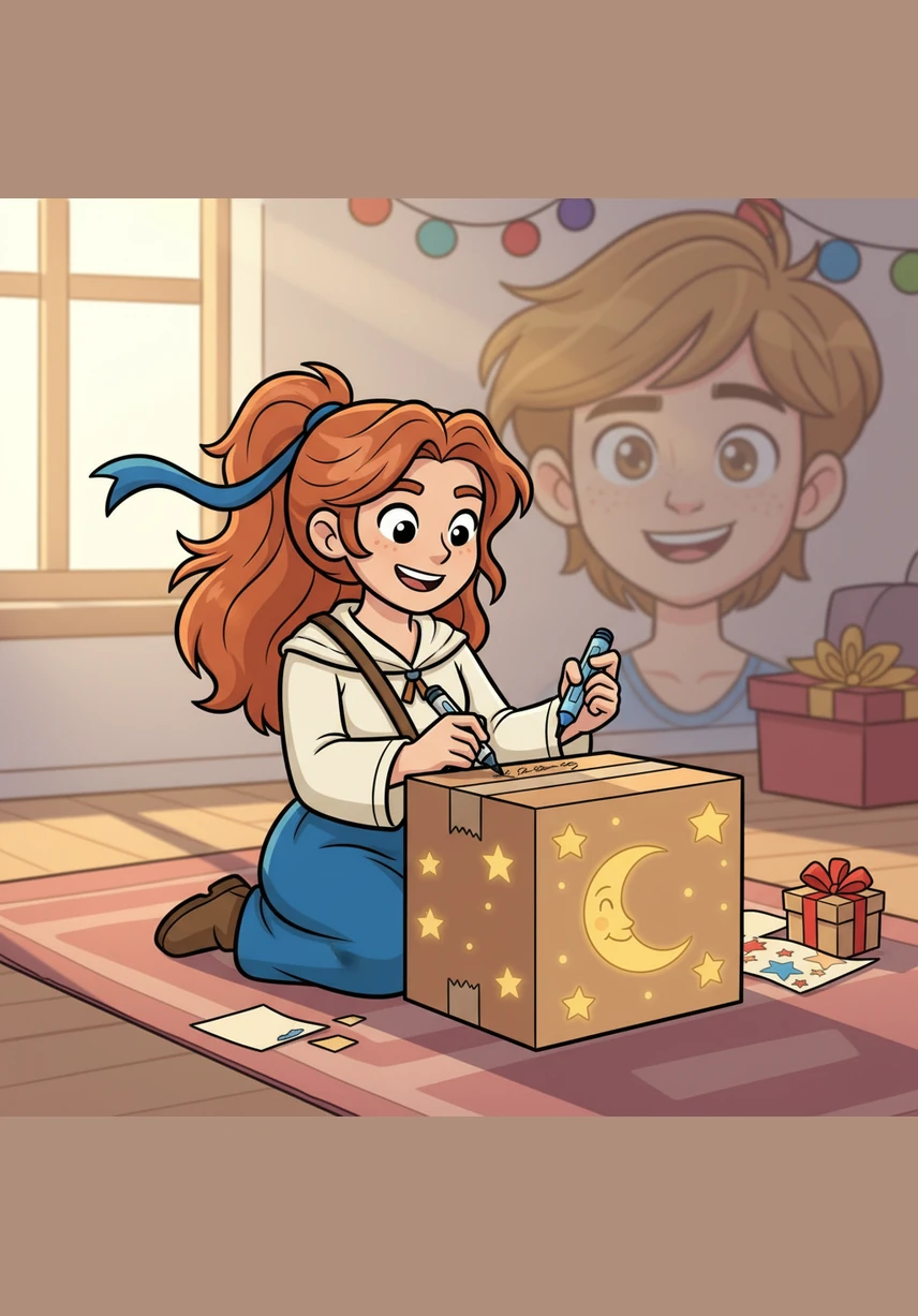 Lina finishes the box and decorates it with drawings of bright stars and a smiling moon. She realizes that thinking about Sam's happiness makes her feel even more excited than her own presents.
