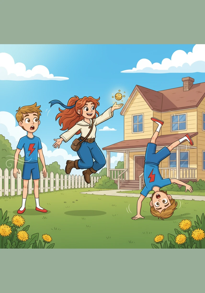 She walks over to Sam’s house and performs a cheerful somersault right onto his front lawn. Sam looks up and smiles for the very first time, surprised by his energetic and bouncy visitor.