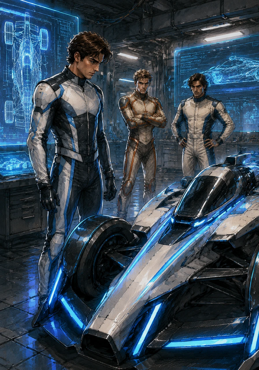 Daniel C. stands in a high-tech garage filled with glowing blueprints, staring at a sleek, neon-lined race car. The air hums with the sound of electric engines and the anticipation of the great race ahead.