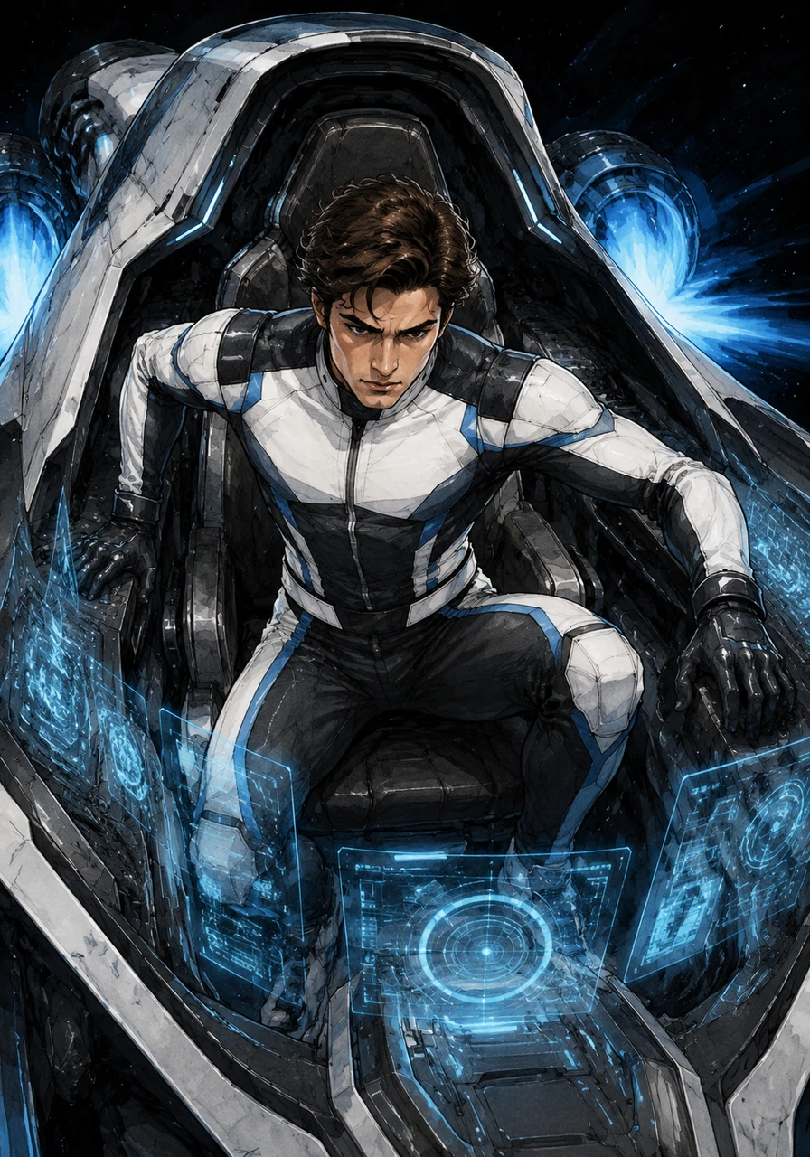 He slides into the cockpit, where holographic displays flicker to life against a backdrop of deep, infinite black. The engine roars with a futuristic pulse, ready to tear through the fabric of space and time.