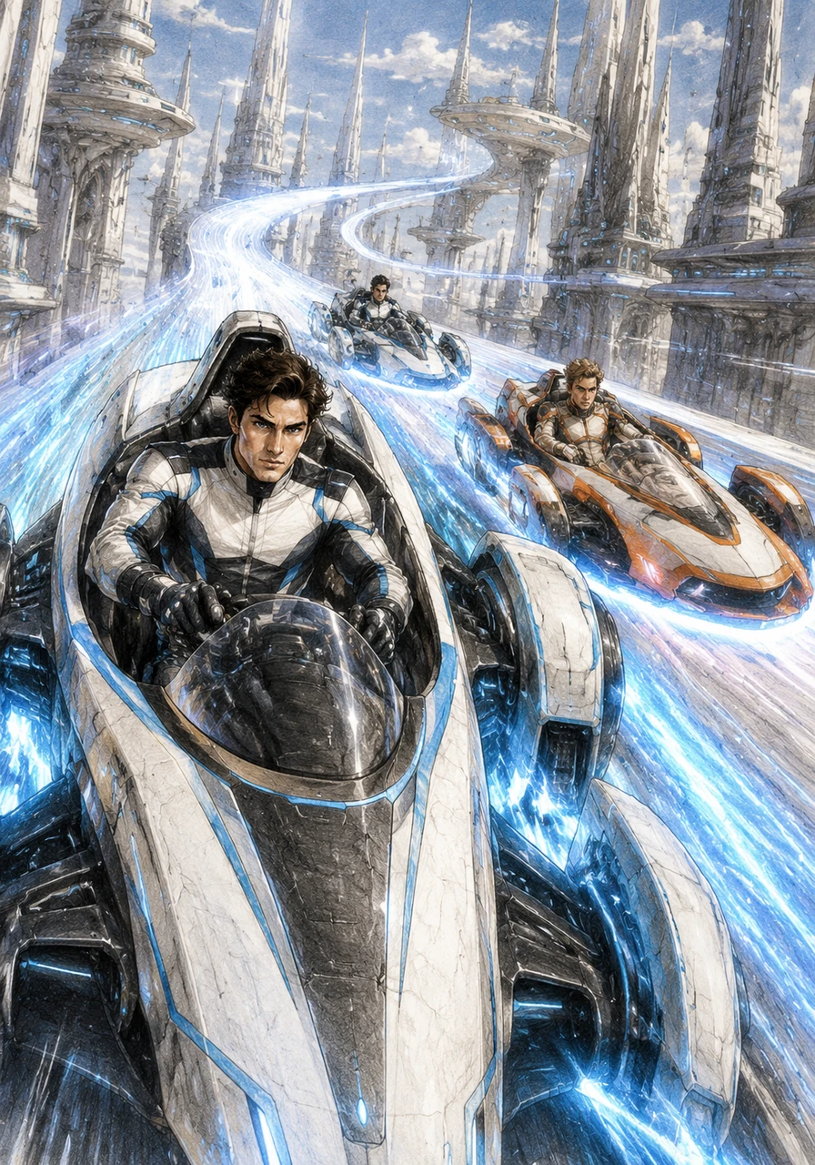 The race begins on a track of pure light, winding through a city of towering spires and floating platforms. Daniel pushes the pedal down, his car leaving a trail of shimmering blue energy behind it.