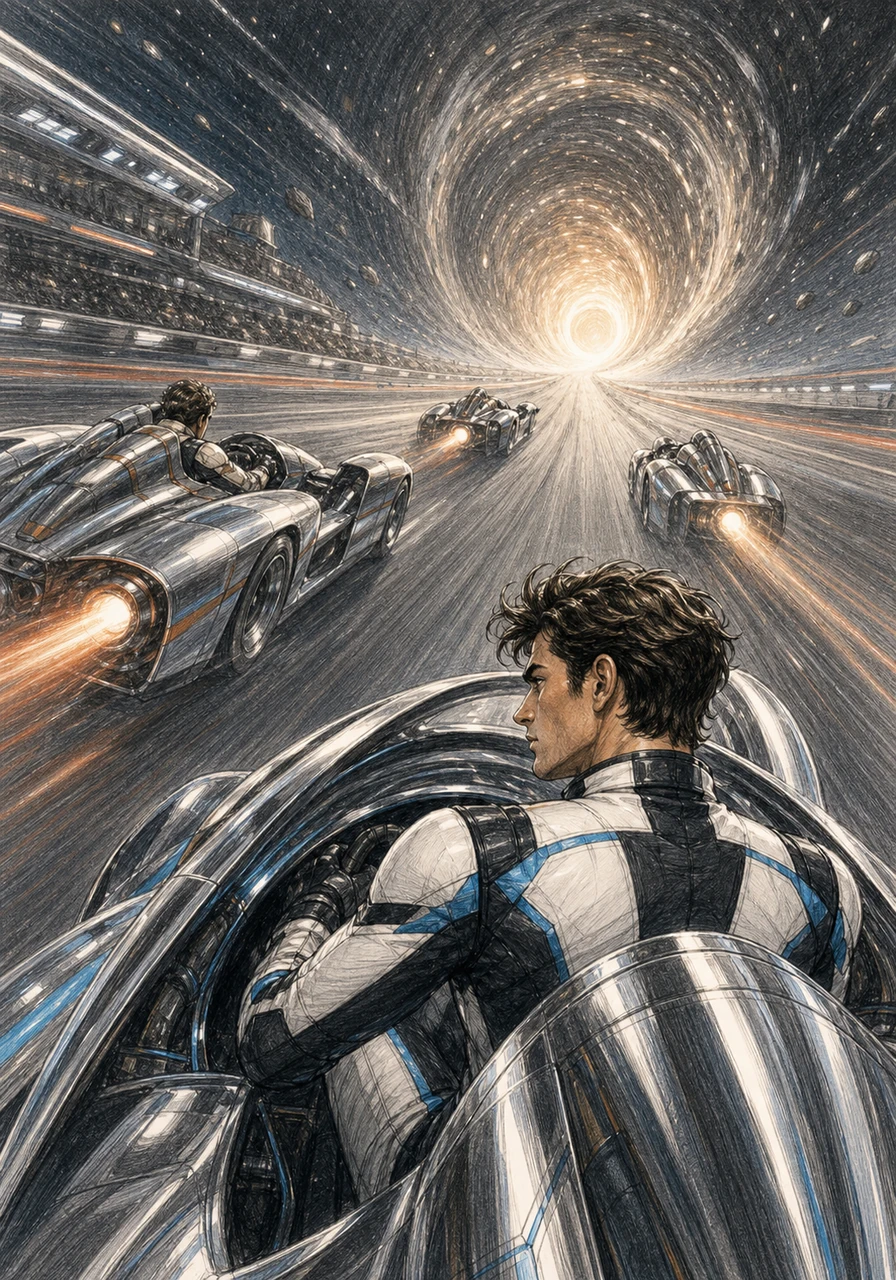 Competitors in chrome vehicles zoom past, their engines echoing like thunder in the silent vacuum of the speedway. Daniel focuses his gaze on the horizon, where the track dips into a glowing vortex.