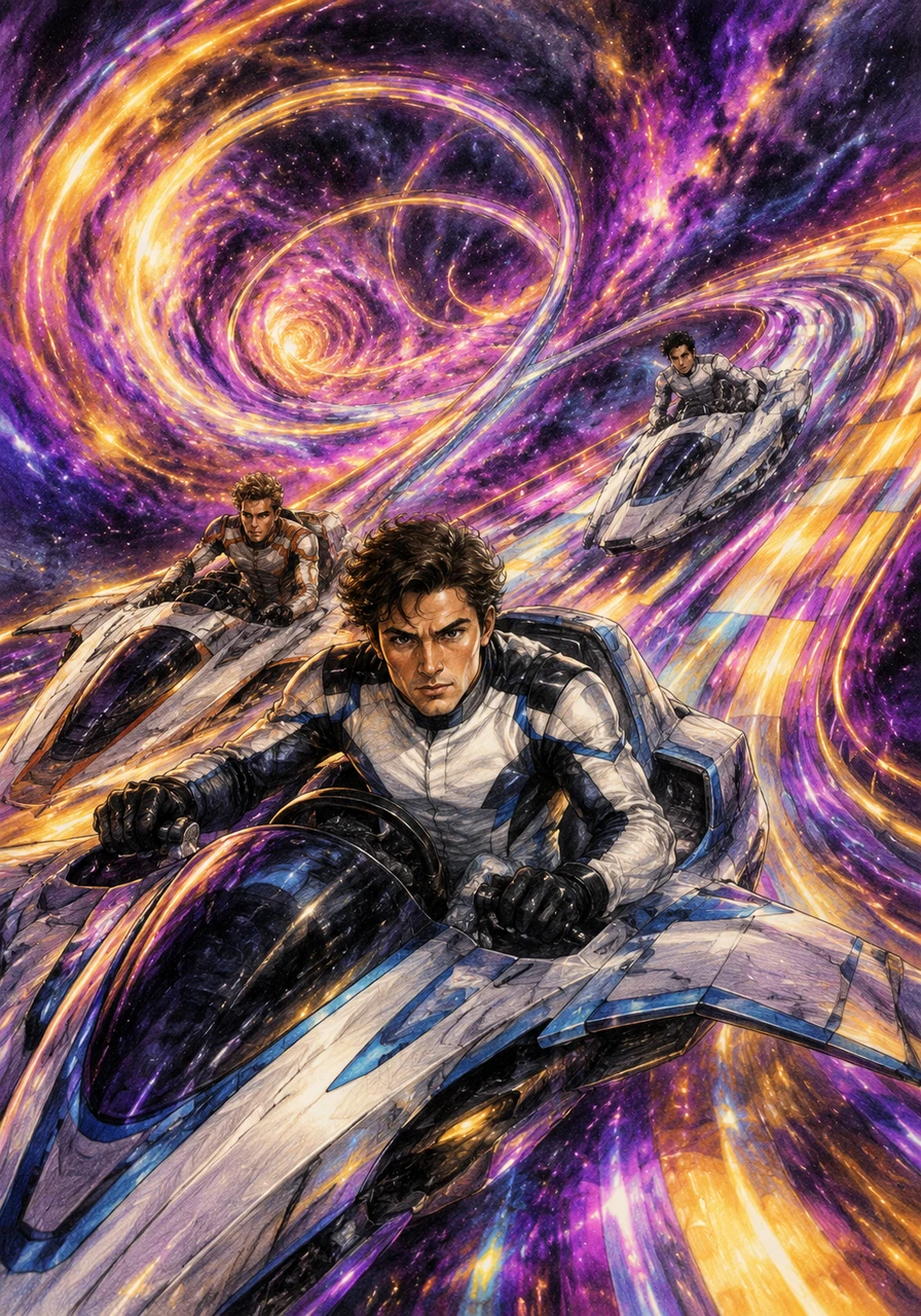 Suddenly, the path transforms into a kaleidoscope of colors, spiraling through a nebula of purple and gold. Daniel steers with precision, feeling the g-force as he navigates the cosmic loops.