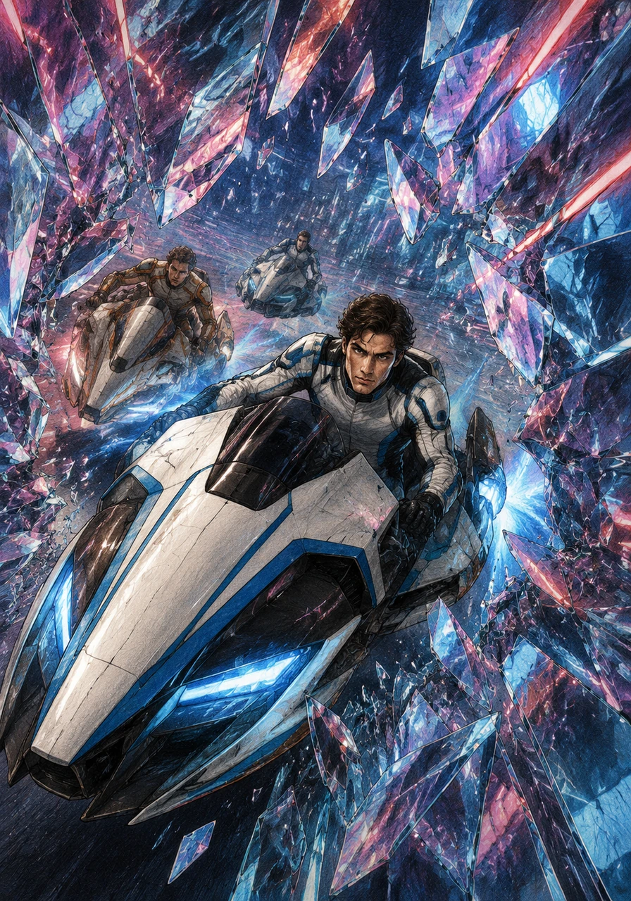 A sudden obstacle of digital shards blocks the way, reflecting the neon lights of his speeding car. With a quick maneuver, Daniel activates his boosters and glides through the narrowest gap.