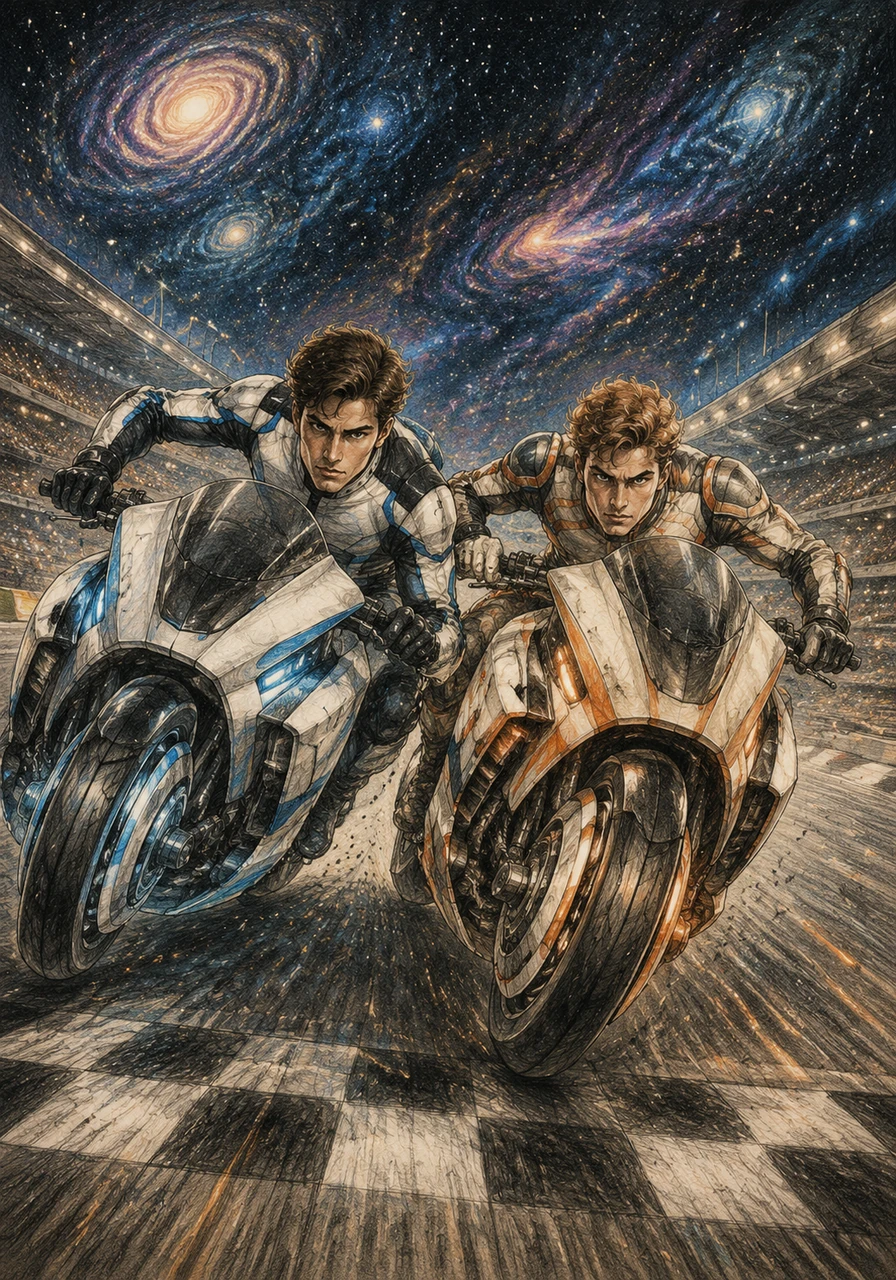 The speedway opens up into a vast arena under a canopy of distant stars and swirling galaxies. He is now neck-and-neck with the lead racer, their wheels almost touching as they scream toward the finish line.