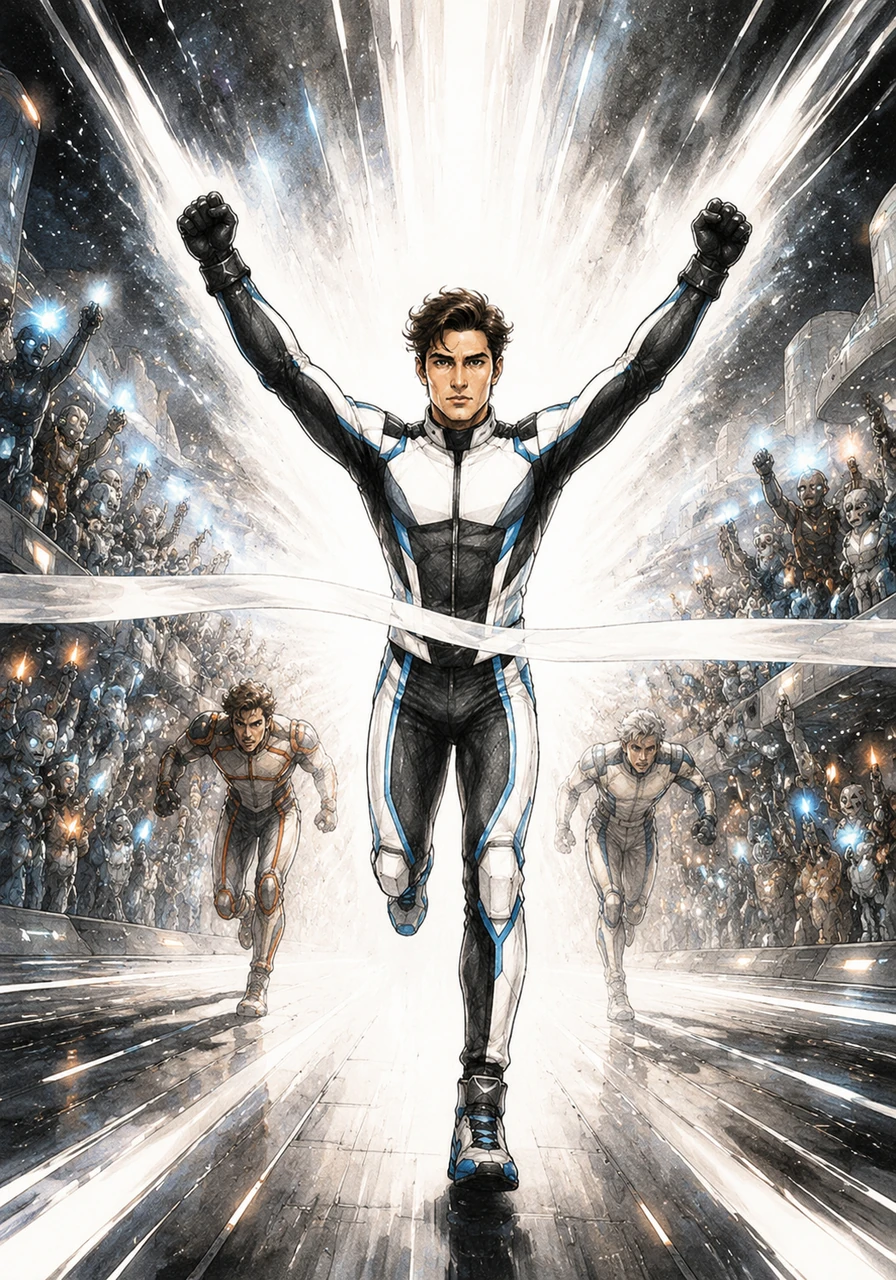 He crosses the finish line in a burst of white light, the black background of space momentarily eclipsed by his victory. The crowd of robotic spectators and star-dwellers erupts in a silent cheer of light signals.
