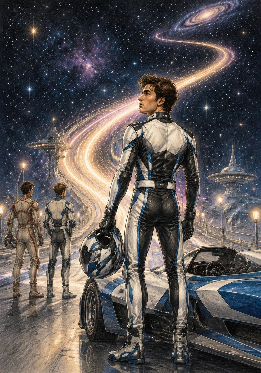 Daniel steps out of his car, looking back at the glowing trail he left across the stars. He realizes the Tomorrowland Speedway isn't just a track, but a gateway to a future limited only by his dreams.