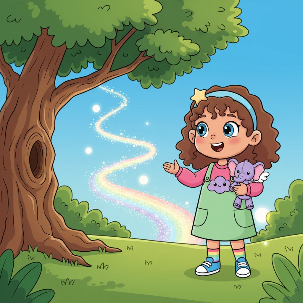 One sunny morning, curious Lily spotted a shimmering, rainbow-colored path twinkling behind the old oak tree in her garden. It pulsed with a gentle glow, beckoning her to follow its magical swirl. Her eyes wide with excitement, she wondered where such a beautiful path could lead.
