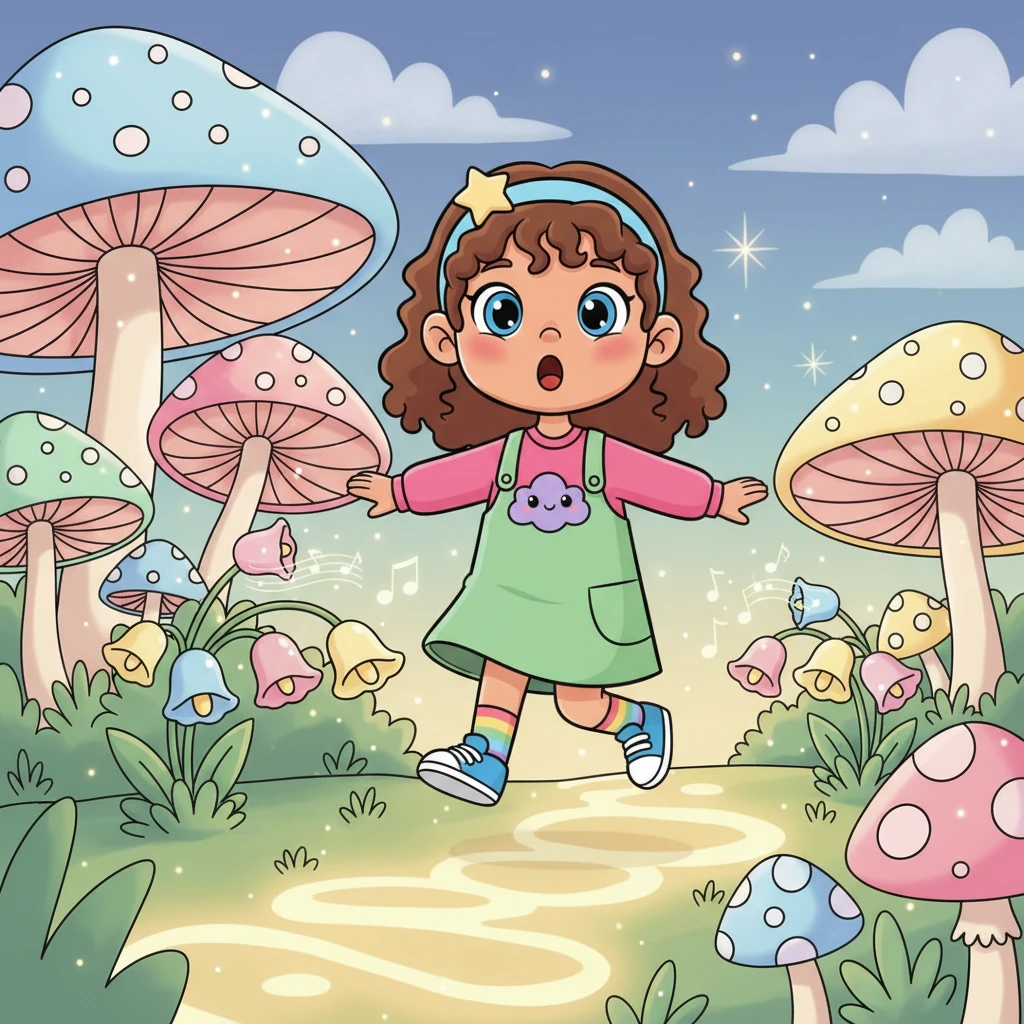 With a skip and a hop, Lily stepped onto the glowing path, and suddenly, the world around her transformed! Gigantic, candy-colored mushrooms sprouted from the ground, and flowers chimed like tiny bells in the breeze. Lily gasped, her heart fluttering with pure delight at the magical spectacle.