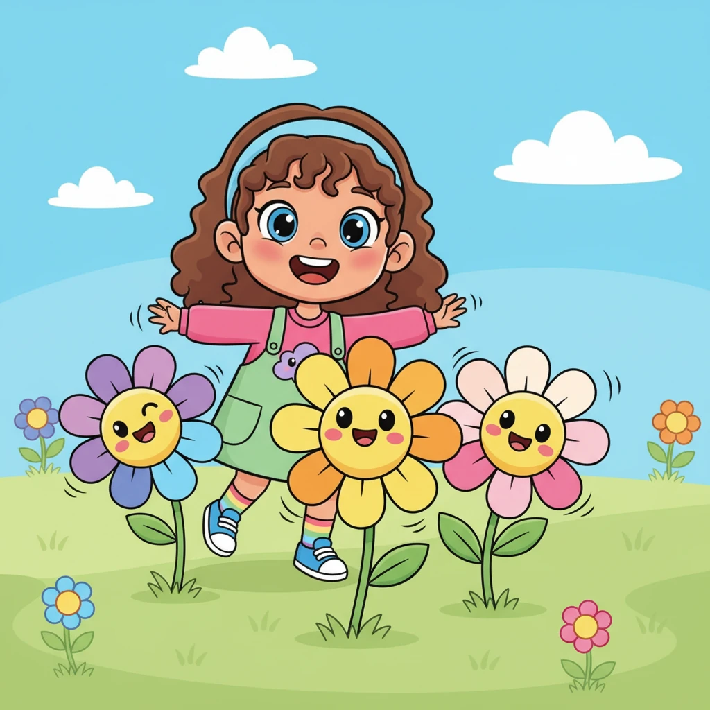 As Lily tiptoed further, a cluster of bright, bouncy flowers wiggled their petals and giggled. 'Welcome, Lily-bug!' they chirped in unison, their faces beaming with cartoonish joy. Lily giggled back, amazed that flowers could not only talk but also knew her name!