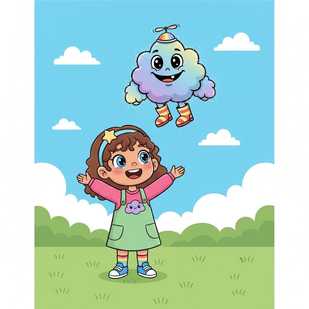 Just then, a fluffy, cloud drifted down from the sky, its edges sparkling with iridescent dust. It puffed out a friendly 'Hello!' in a soft, airy voice, settling gently near Lily. The cloud had two big, friendly eyes and a wide, happy smile, making it look like a giant, huggable marshmallow.