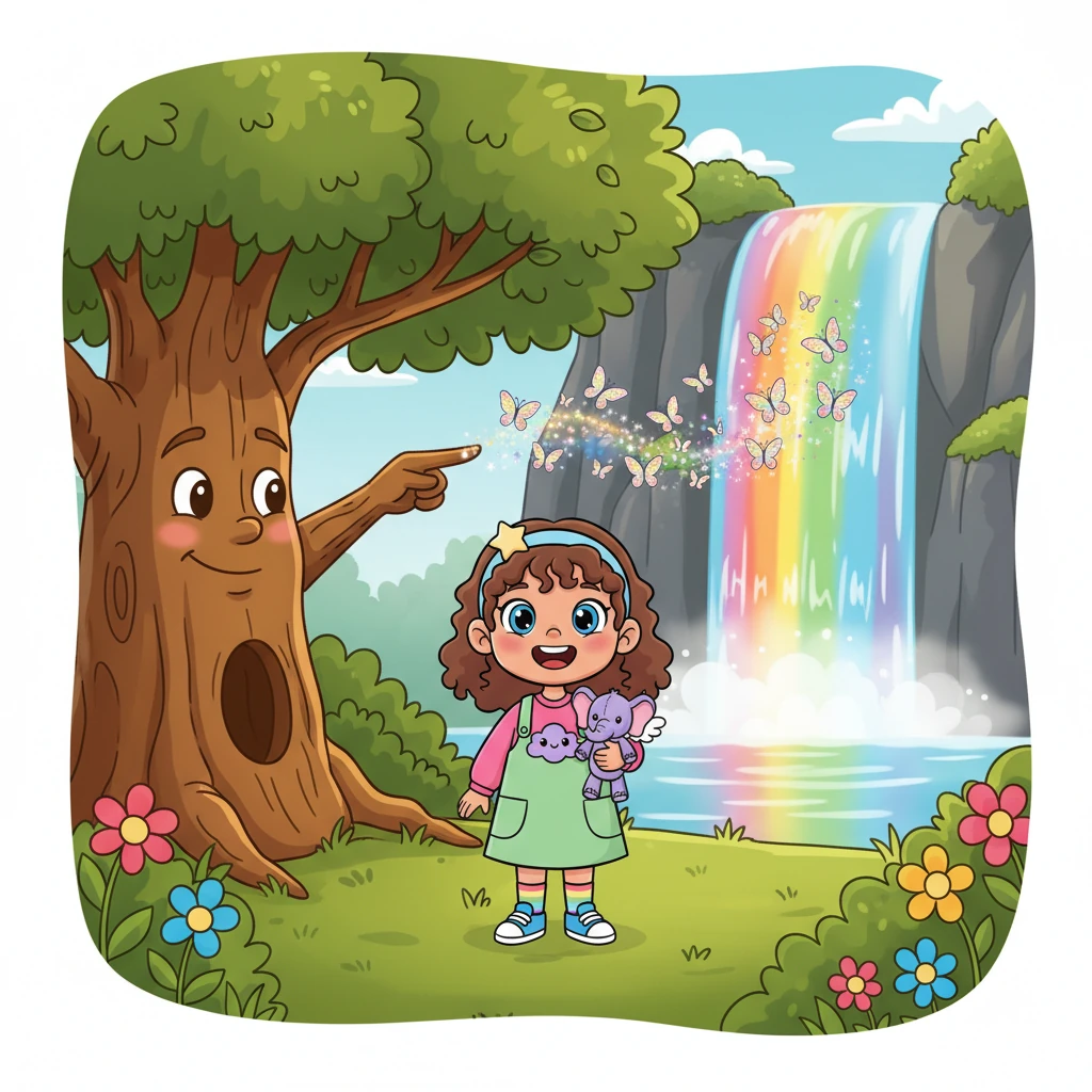 The talking tree pointed a leafy branch towards a hidden grove. 'Follow the butterflies,' it whispered, 'and you'll find a sparkling surprise!' Lily followed a trail of shimmering butterflies that led her to a magnificent waterfall, its waters glowing with every color of the rainbow.