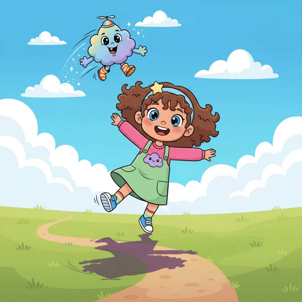 The friendly cloud then challenged Lily to a game of 'Shadow Chase.' As the cloud playfully zipped and zoomed across the sky, Lily laughed as she tried to catch its dancing shadow on the ground. She twirled and jumped, her pigtails bouncing with every joyful leap.