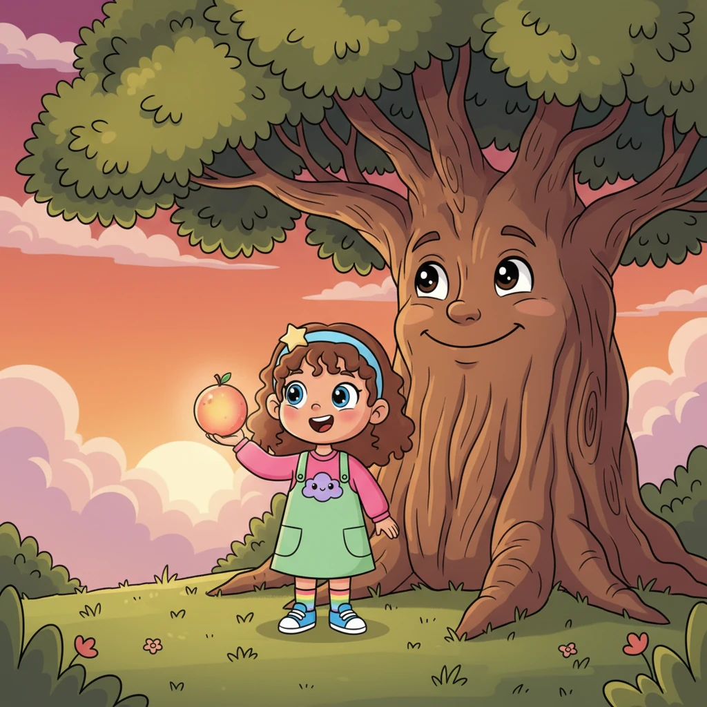 As the sun began to dip, painting the sky in hues of orange and pink, the wise old tree offered Lily a special, glowing fruit. 'For courage and dreams,' it murmured, its smile widening. The fruit pulsed gently in Lily's hand, feeling warm and magical.