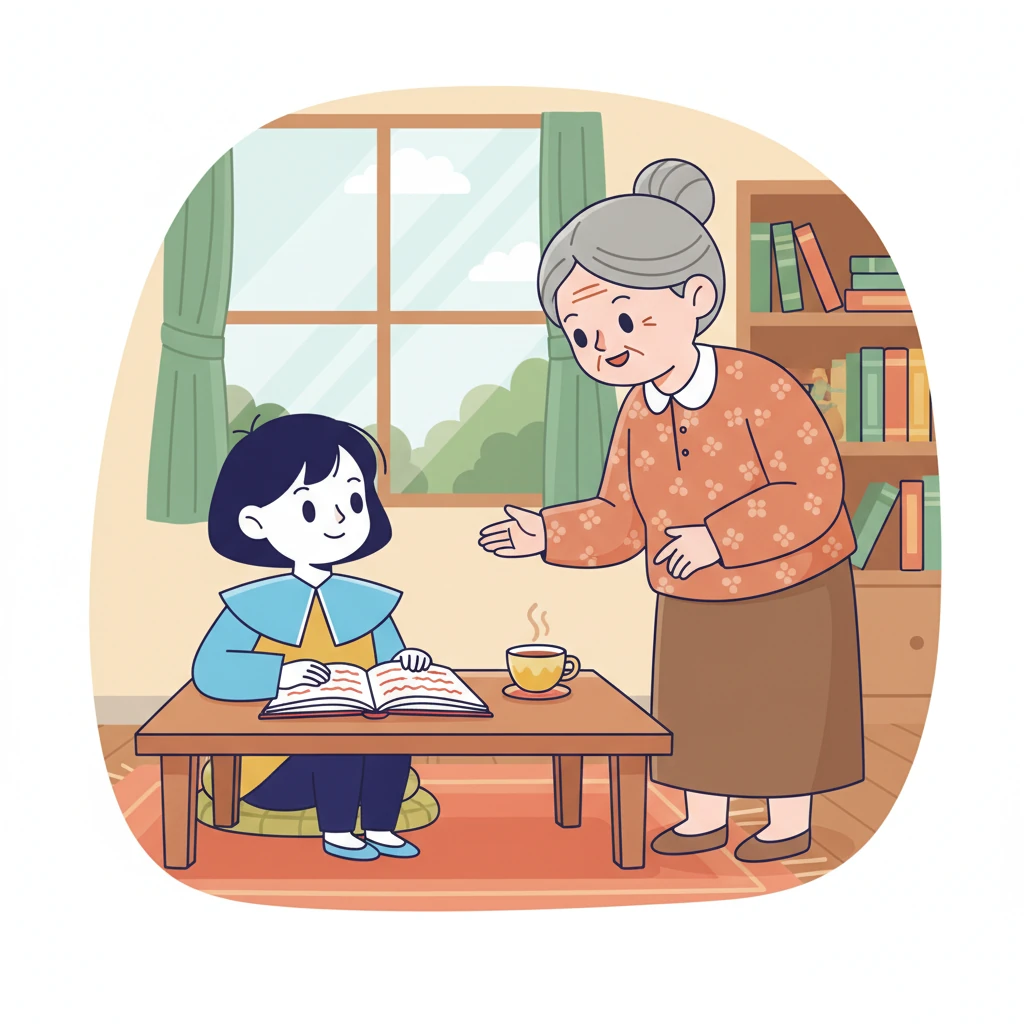 Bà Mai nhẹ nhàng đến bên, đặt một tách trà ấm lên bàn. Bà mỉm cười hiền hậu, chỉ vào một dòng thơ và giải thích ý nghĩa. Lời bà như dòng suối mát lành, làm Mai cảm thấy dễ hiểu hơn.