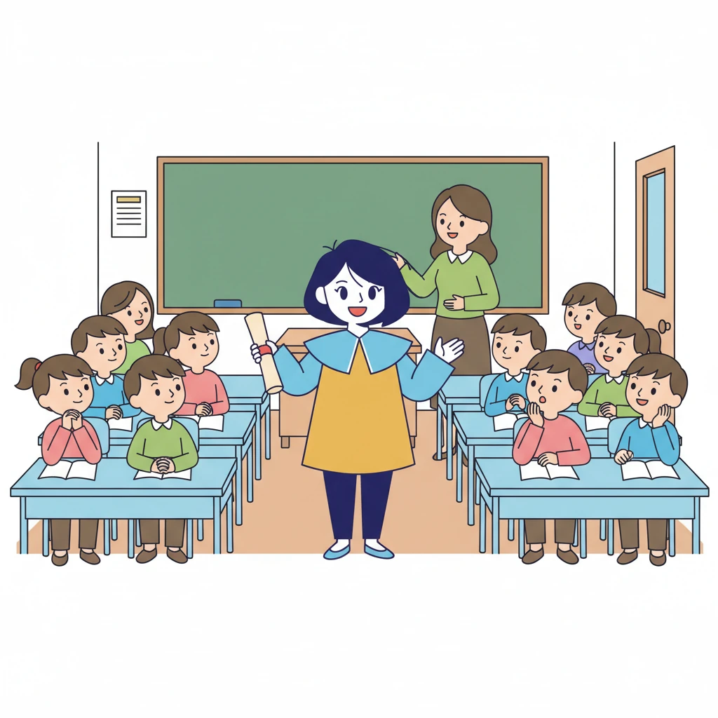 Mai tự tin đứng trước lớp, chia sẻ bài viết của mình. Cô bé nói về tiếng Việt với tất cả niềm tự hào, niềm vui. Cô giáo mỉm cười khuyến khích, và cả lớp lắng nghe chăm chú.