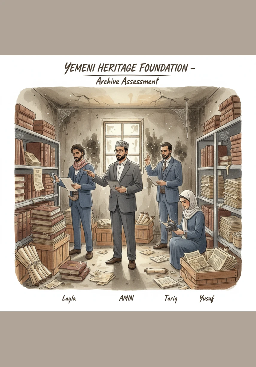 The team begins their environmental analysis, carefully examining the dusty archives and listening to the long lines of people waiting outside. They identify the strengths of their dedicated staff and the challenges of the old manual system they must overcome to improve service.