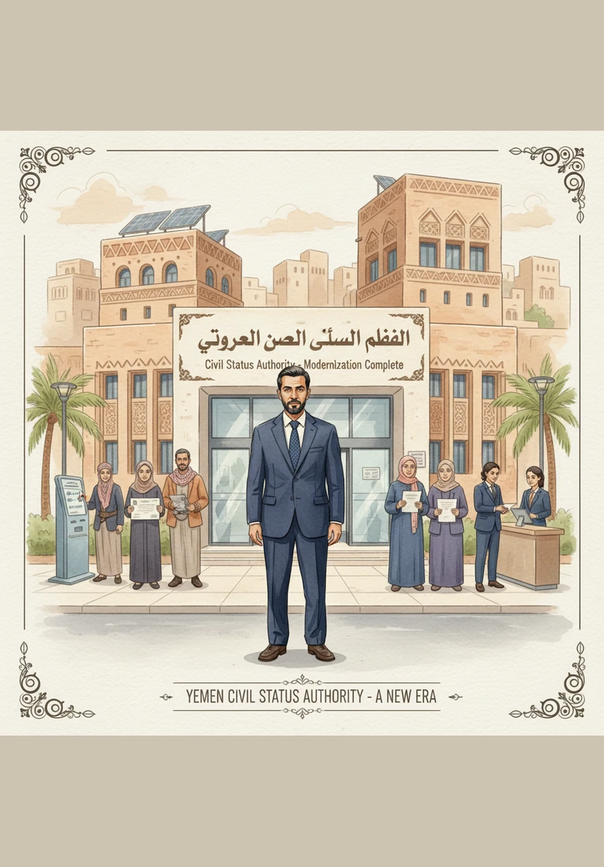 The Civil Status Authority is now a beacon of modernization, with happy citizens and a team empowered by technology. Amin stands at the entrance of the transformed building, knowing that their strategic journey has secured a more organized and prosperous future for Yemen.