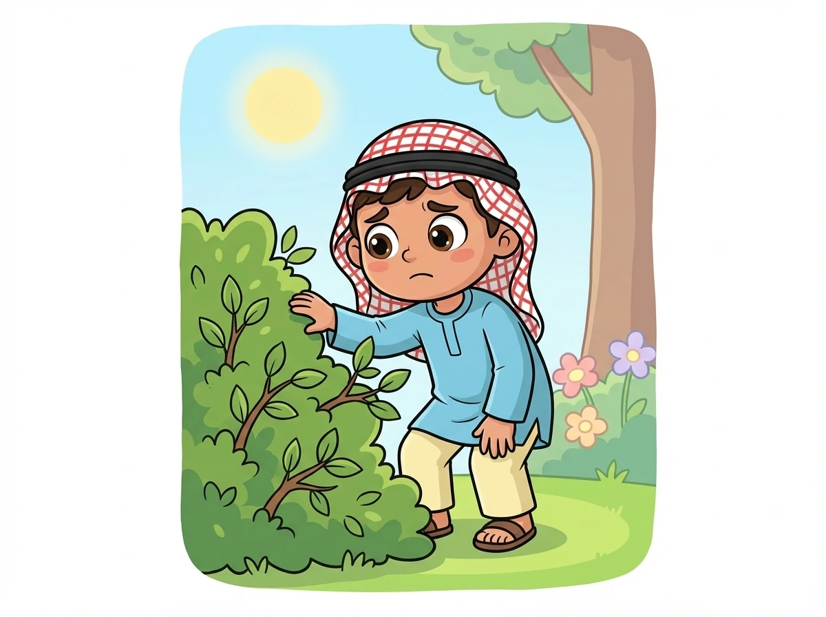 في يوم مشمس، كان سالم يلعب في الحديقة. أراد أن يأكل تفاحة، لكنه لم يجد أي تفاح.